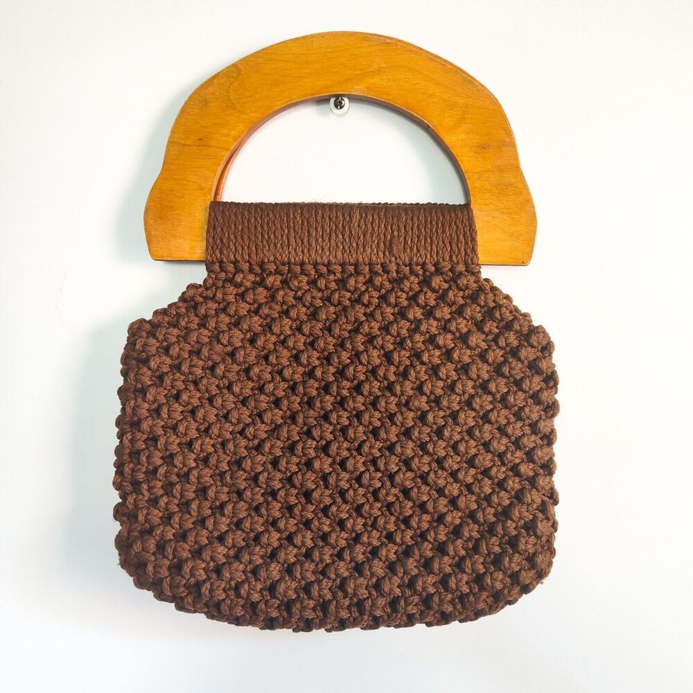 Boho Chic Crochet Knit Brown Cottagecore Bag Handmade‎ Design Wooden Handles